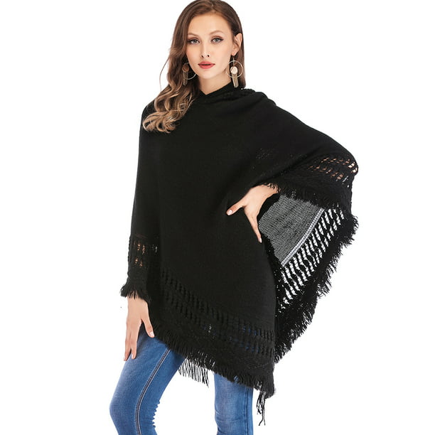 Generic Womens Hoodie Batwing Tassels Poncho Cape Winter Knit Sweater Cloak 